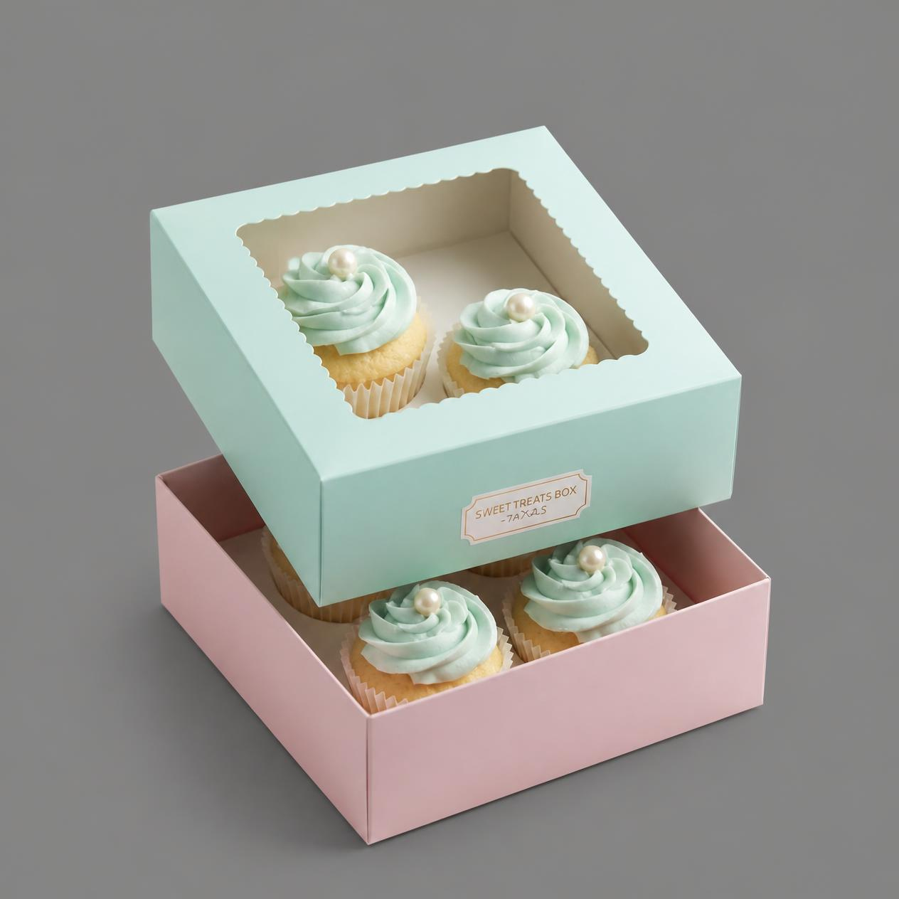 Pastel Cupcake Box for 4 with Window – 7 × 7 × 3.5 Inch (Set of 12)