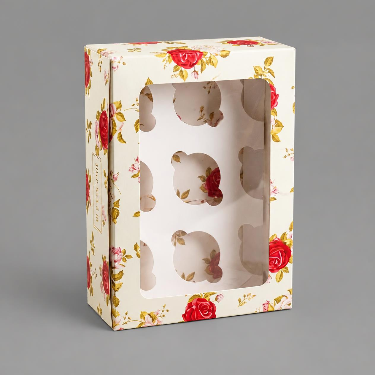 Premium Floral 6 Cavity Cupcake Box – 10 × 6.5 × 3.5 Inch | Pack of 12