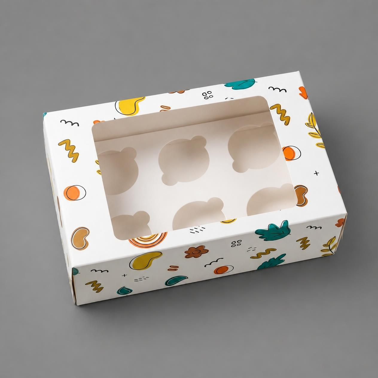 Premium Printed 6 Cavity Cupcake Box – 10 × 6.5 × 3.5 Inch | Pack of 12