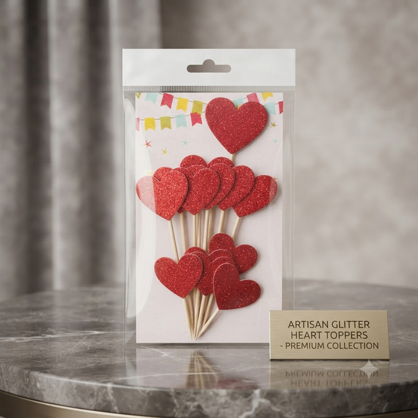 Red Glitter Heart Cupcake Toppers