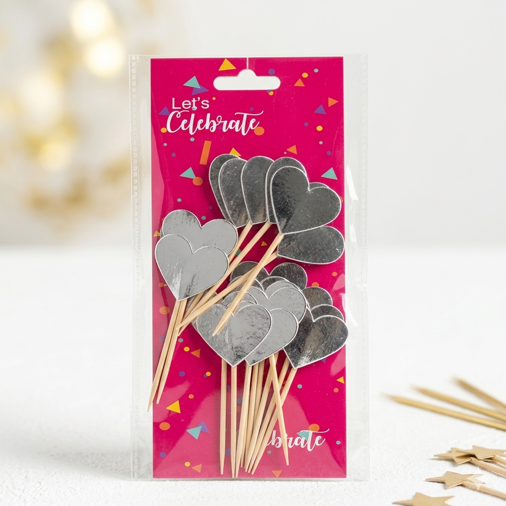 Silver Foil Heart Cupcake Toppers – Pack of 12
