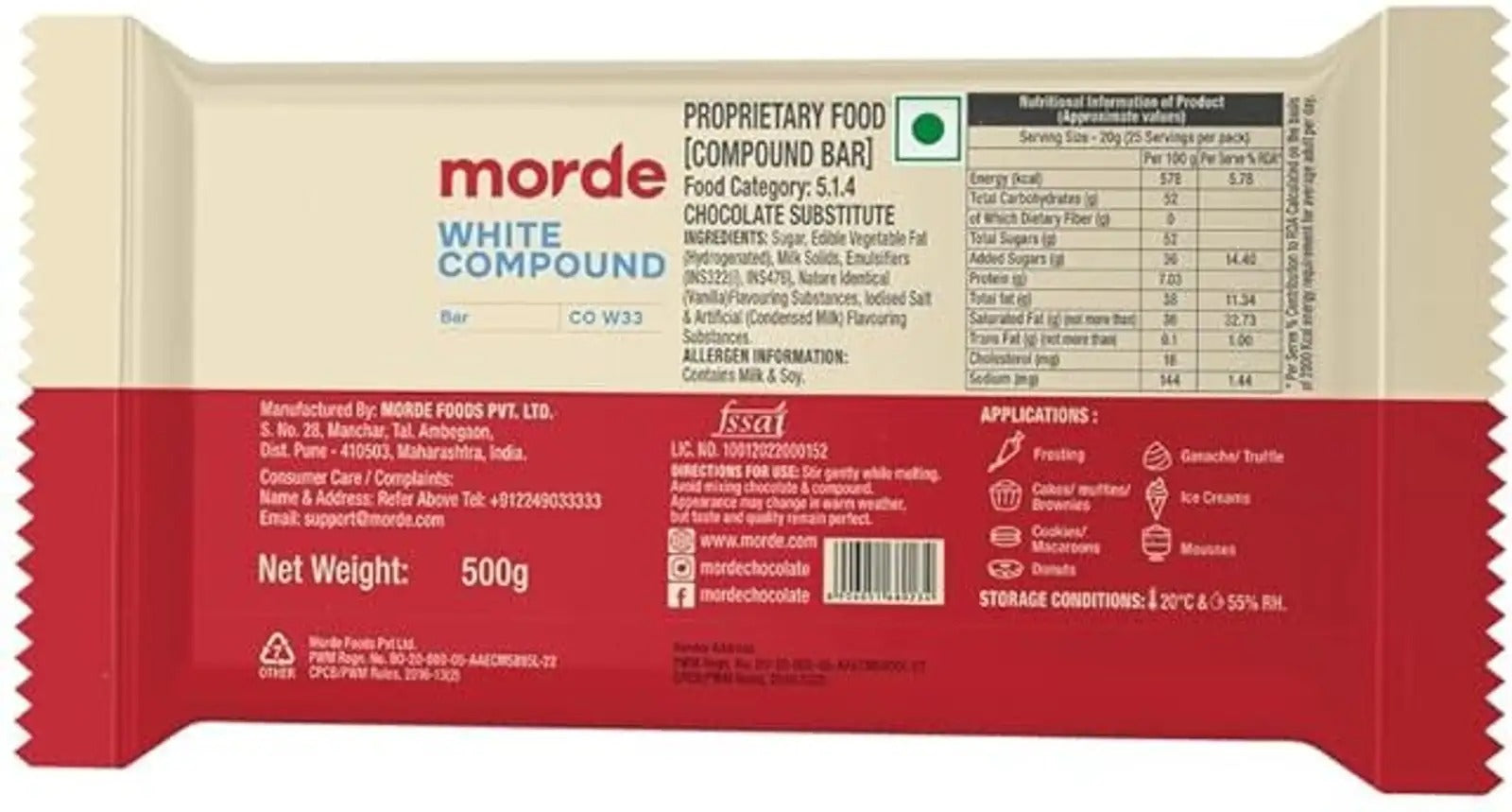Morde White Compound Chocolate Bar CO W33 500g