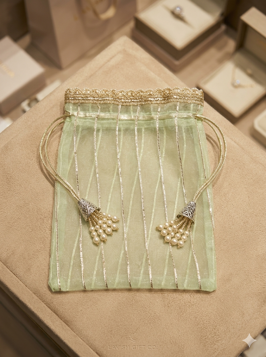 Premium Organza Leheriya Potli Bag with Pearl Tassel