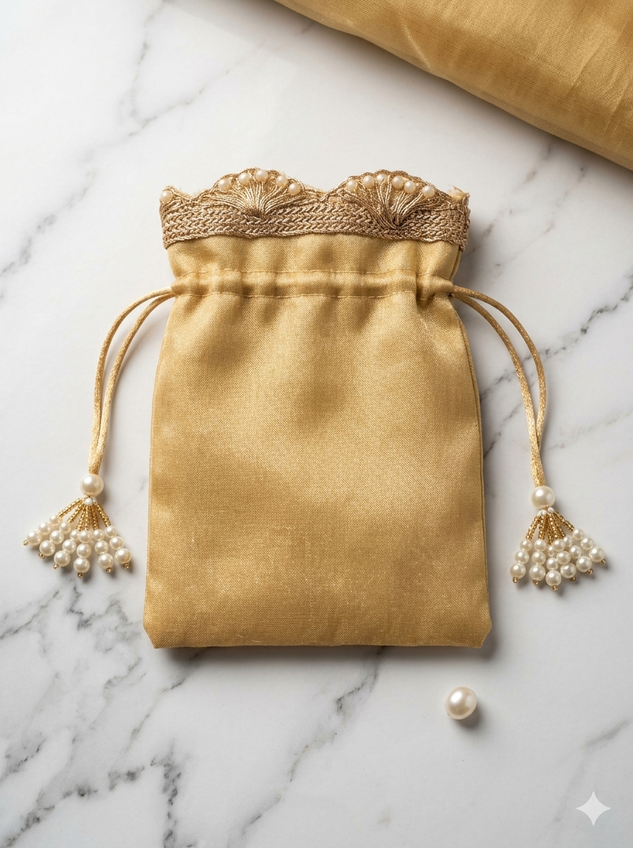 Premium Organza Drawstring Gift Potli Bag with Lace Border