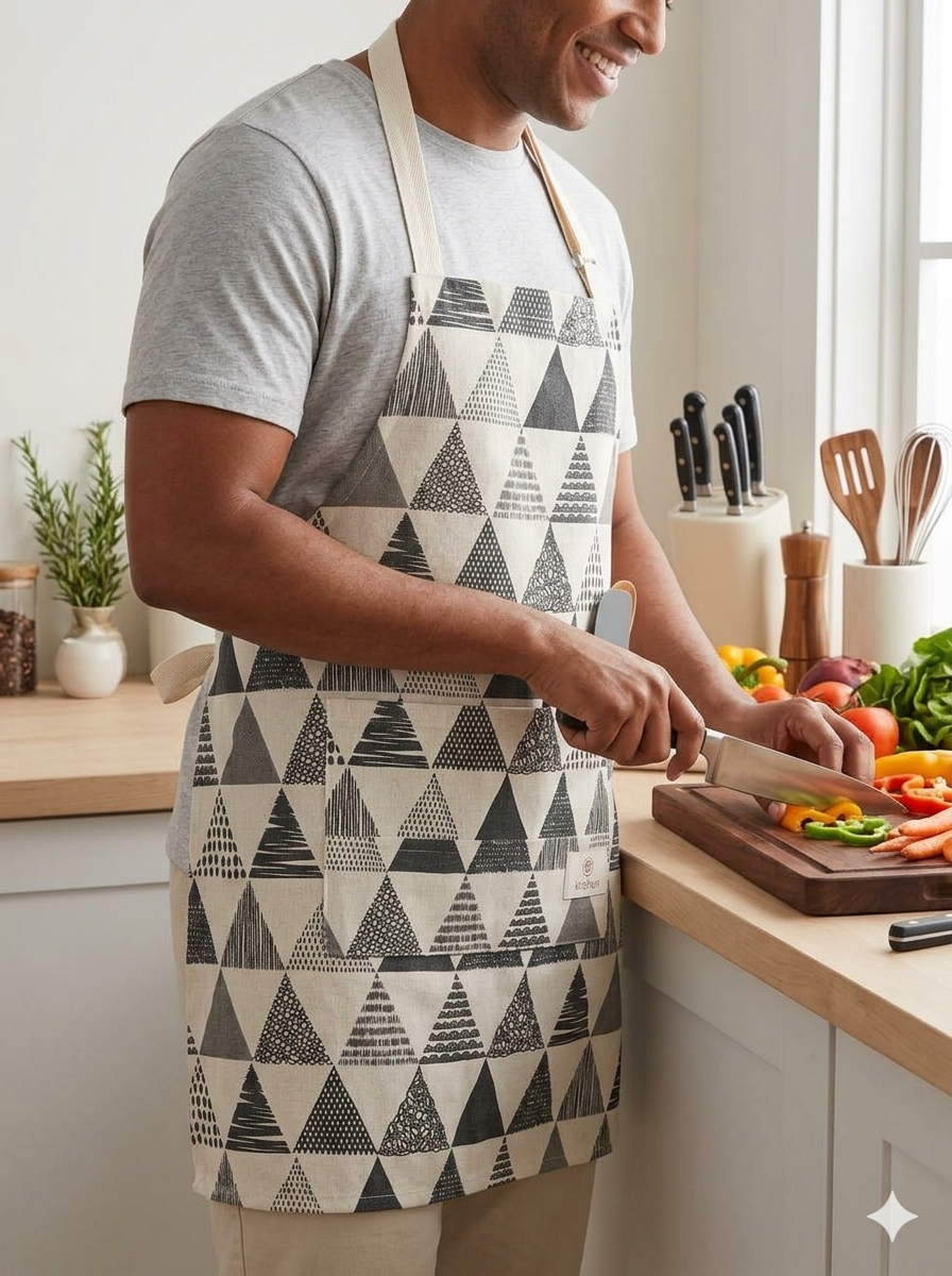 Geometric Triangle Pattern Kitchen Apron with Adjustable Neck Strap & Pocket
