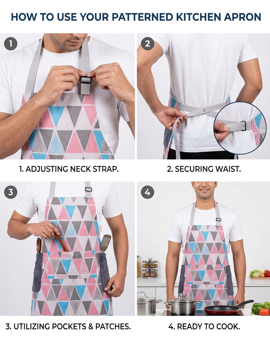 Premium Adjustable Kitchen Apron with Front Pockets – Geometric Print Cotton Cooking & Baking Apron