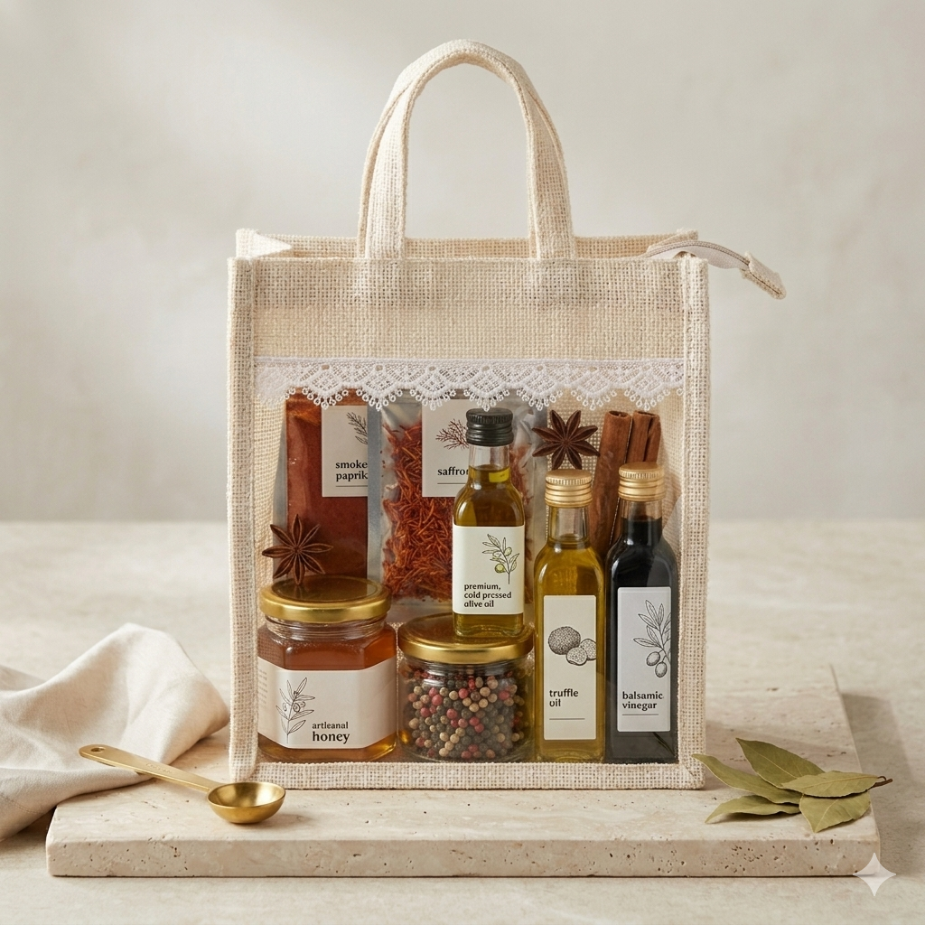 Premium Jute Gift Tote Bag with Transparent Lace Pocket (10 Pcs)