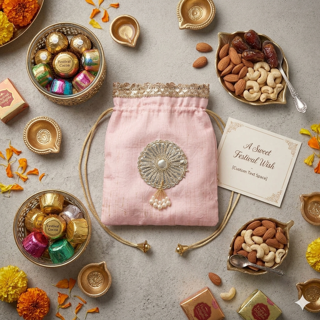 Premium Brooch Potli Gift Bag with Pearl Tassel
