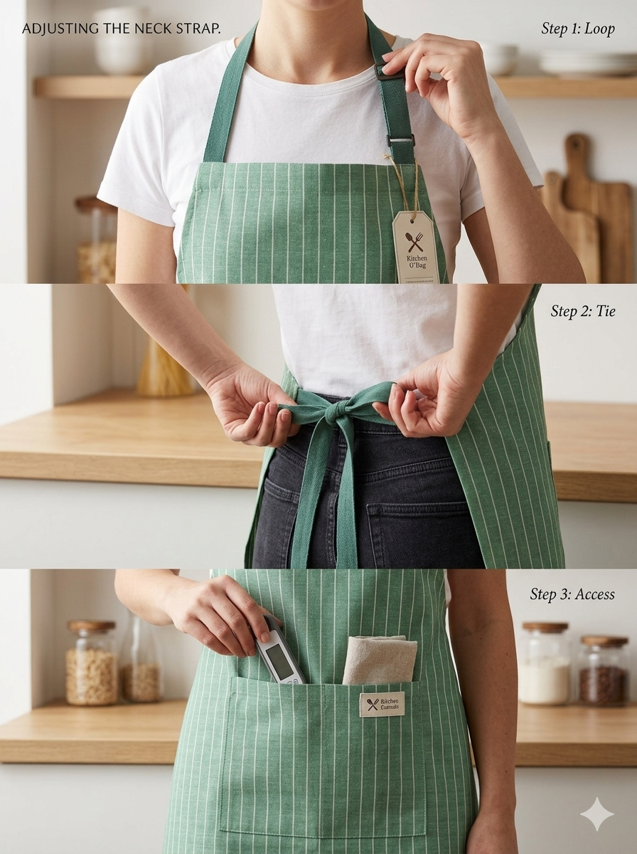 Mint Green Pinstripe Kitchen Apron with Front Pocket & Adjustable Neck Strap