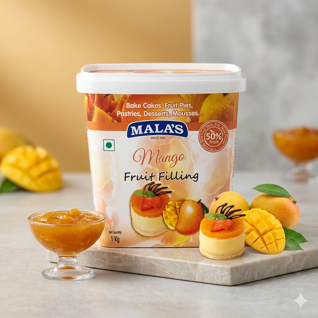 Mala’s Mango Fruit Filling 1kg – Rich Mango Filling for Cakes, Pastries & Desserts