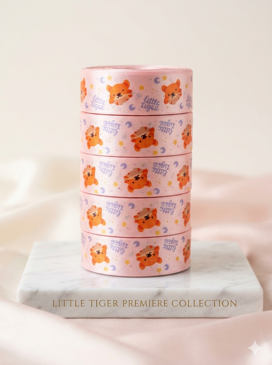 Little Tiger Printed Satin Ribbon Roll – Pink Decorative Ribbon for Gift Wrapping, Baby Shower, Cake Decoration & DIY Crafts