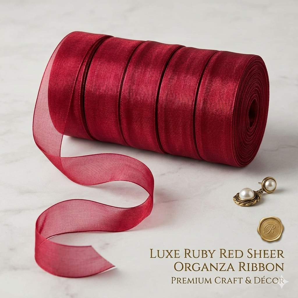 Premium Ruby Red Sheer Organza Ribbon Roll for Gift Wrapping, Cake Decoration, Wedding Decor & DIY Crafts