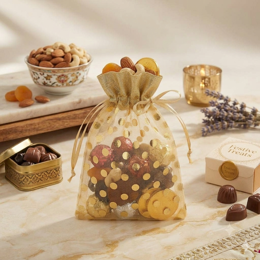 Premium Gold Polka Dot Organza Potli Gift Bag