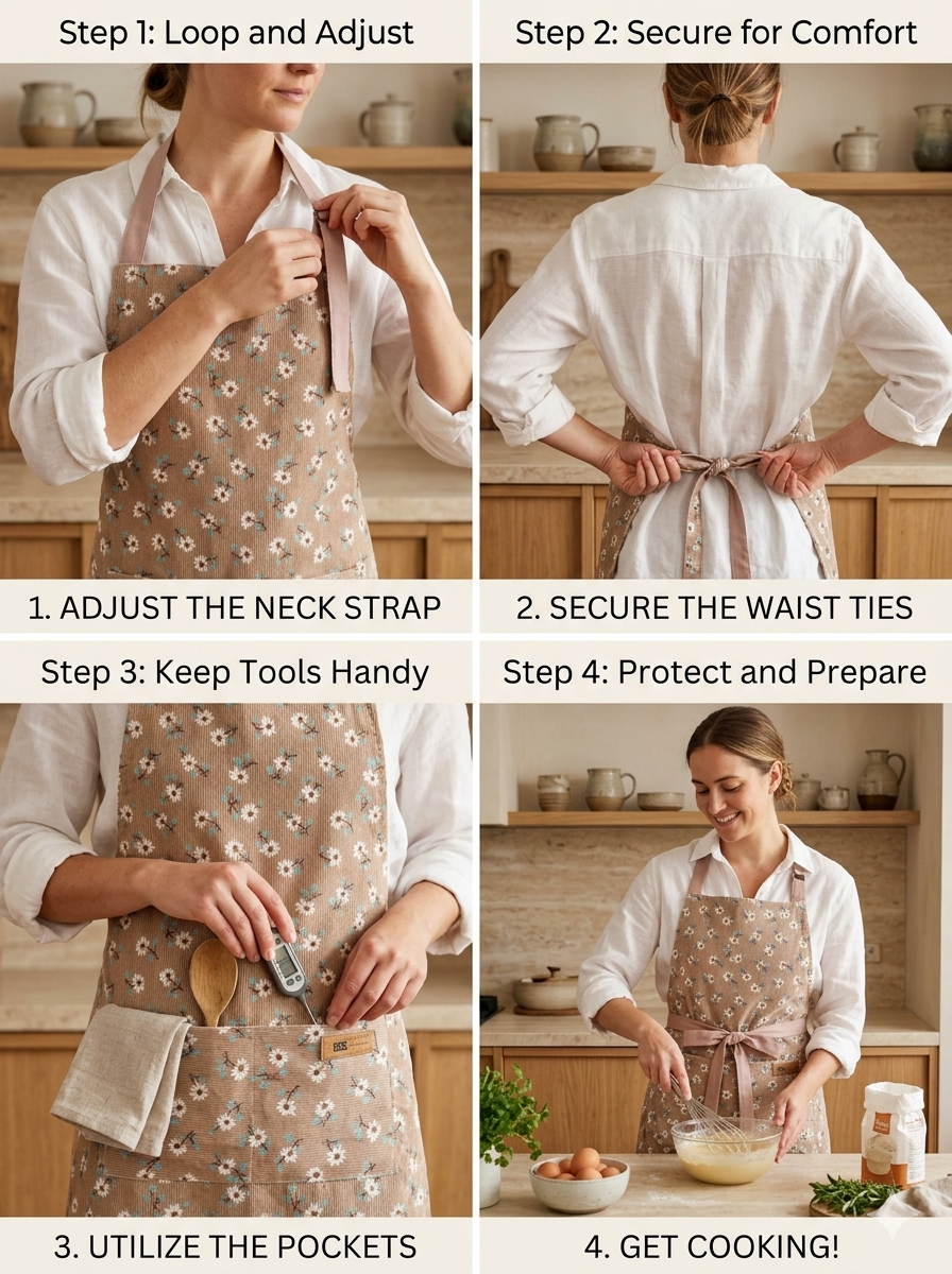 Beige Floral Print Kitchen Apron with Adjustable Neck Strap & Front Pocket
