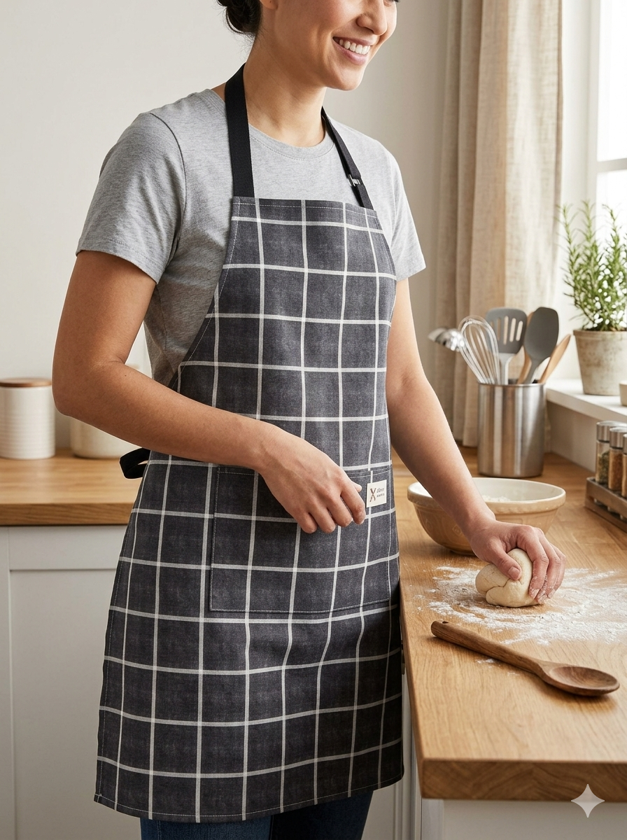 Charcoal Checkered Kitchen Apron with Front Pocket & Adjustable Neck Strap