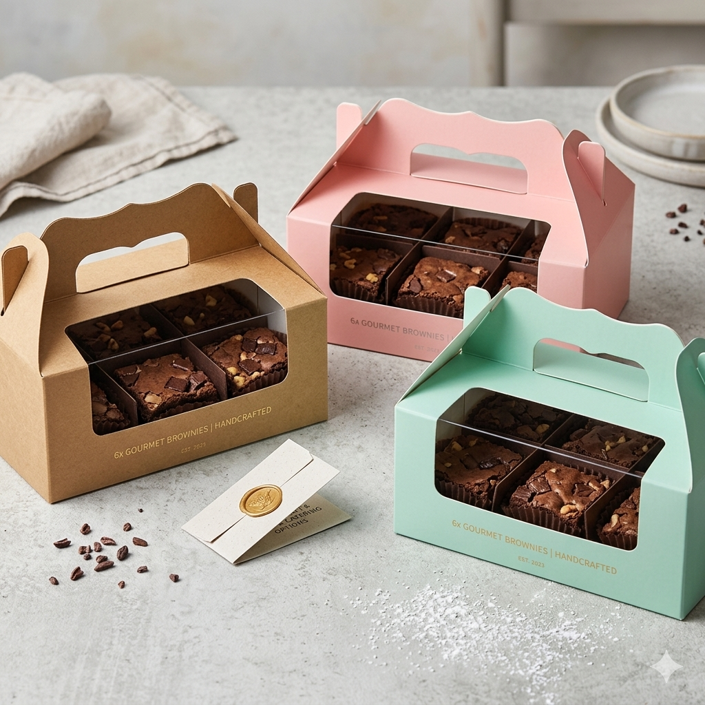 Premium Window Bakery Box with Handle - 10 × 6.5 × 3.5 Inch | Set of 12