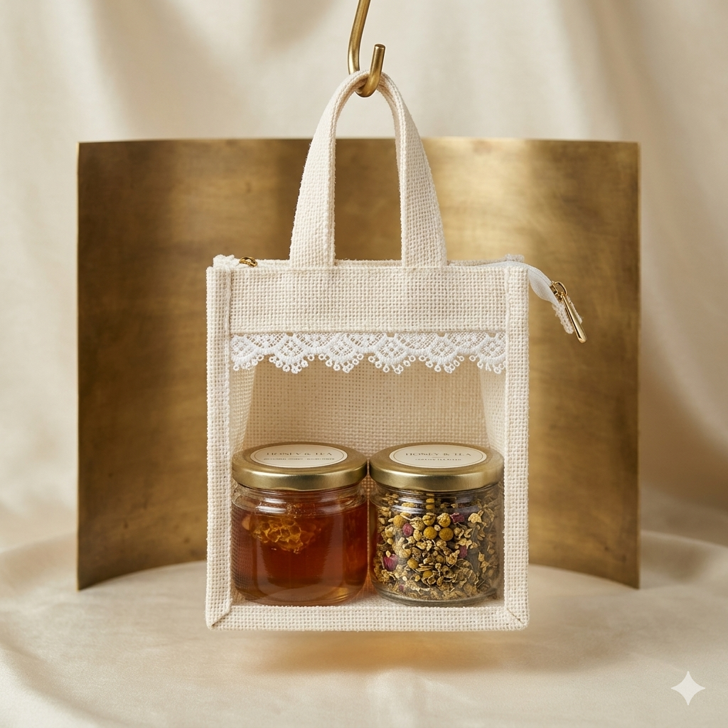 Premium Jute Gift Tote Bag with Transparent Lace Pocket (10 Pcs)