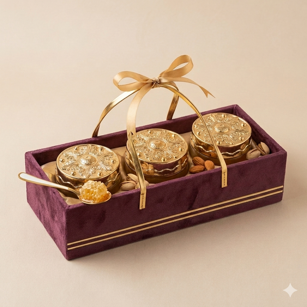 Premium Velvet Gift Tray with 3 Designer Glass Jars set of 2