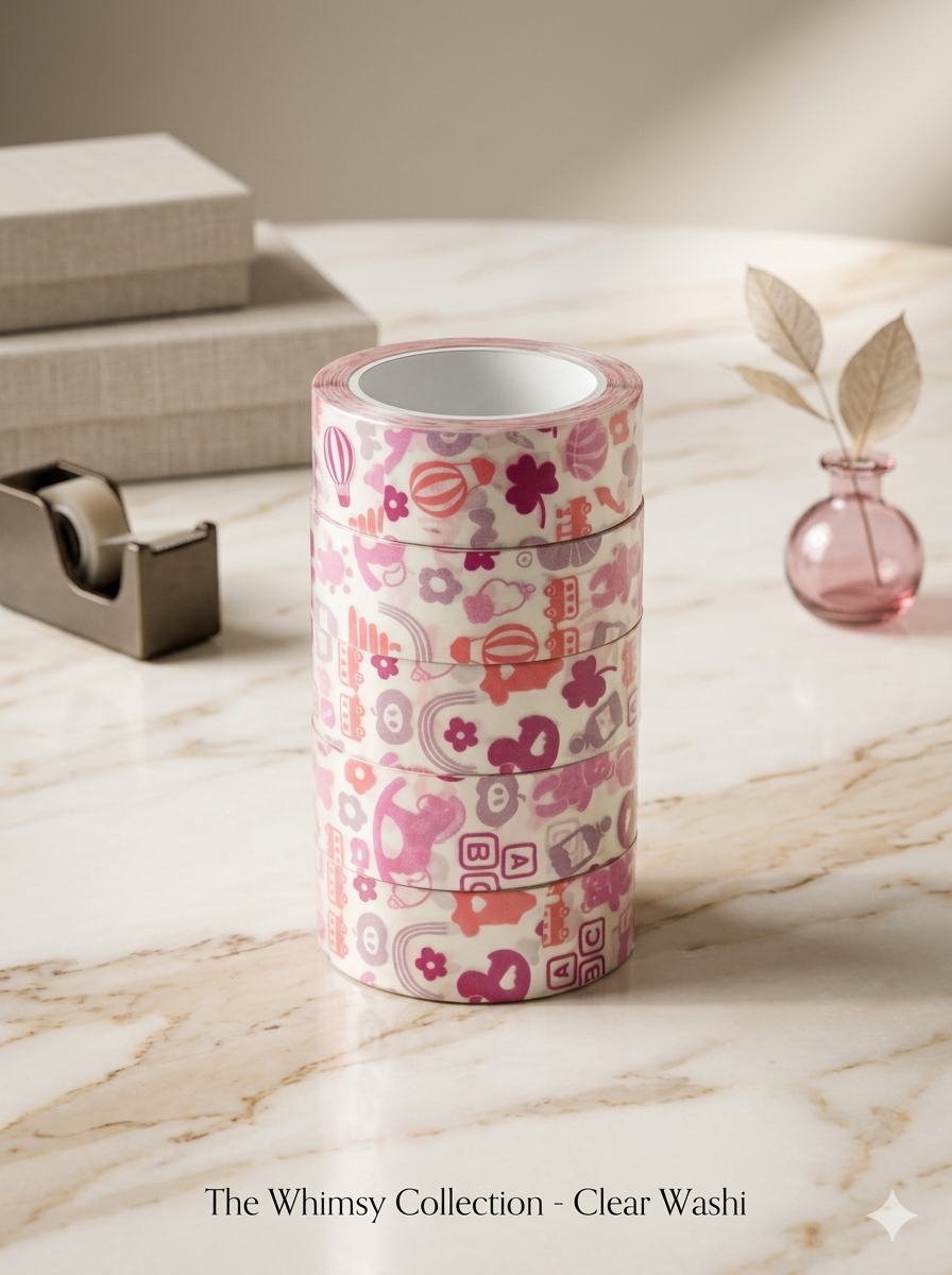 Clear Printed Washi Tape Roll – Pink Whimsy Decorative Tape for Gift Wrapping, Crafts & Packaging