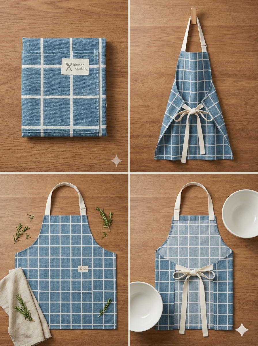 Blue Checkered Adjustable Kitchen Apron – Full Coverage Baking & Cooking Apron