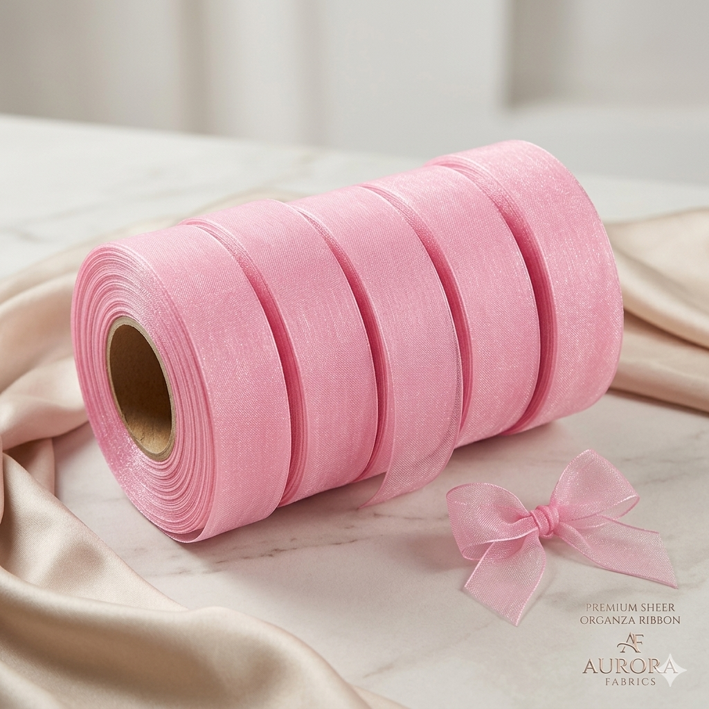 Premium Pink Sheer Organza Ribbon Roll for Gift Wrapping, Cake Packaging & Decoration
