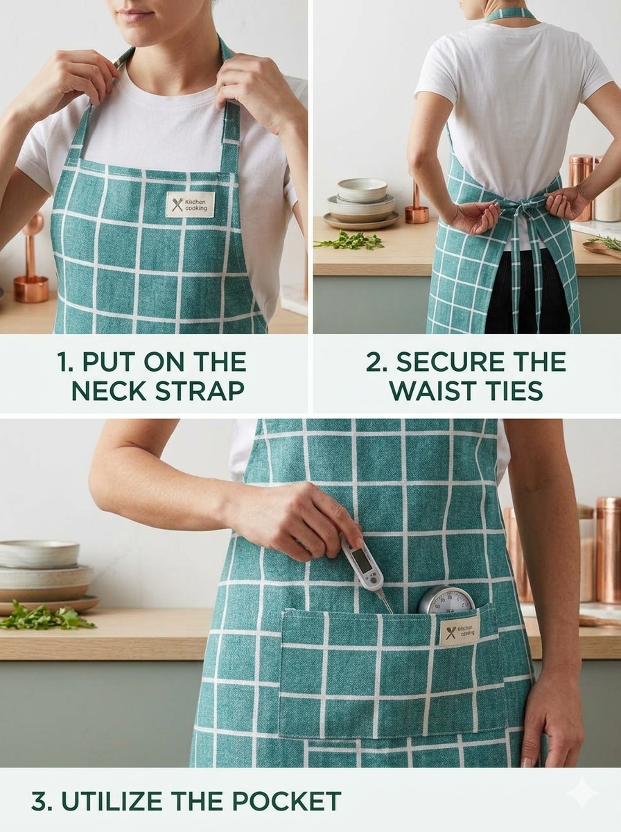 Teal Checkered Adjustable Kitchen Apron with Front Pocket