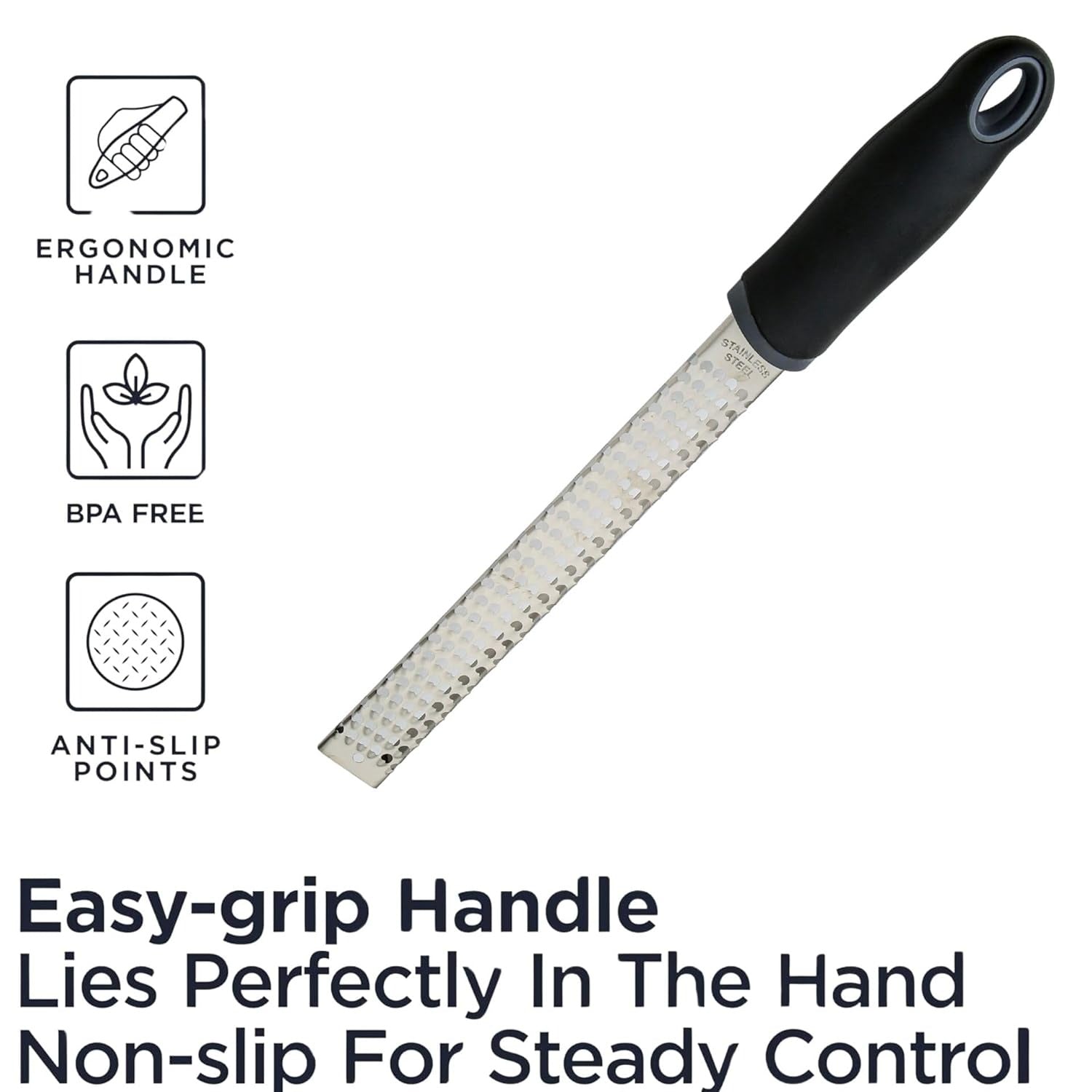 Stainless Steel Zester & Grater, 30cm – Non-Slip Red Handle Citrus Zester for Lemon, Cheese, Garlic & Ginger