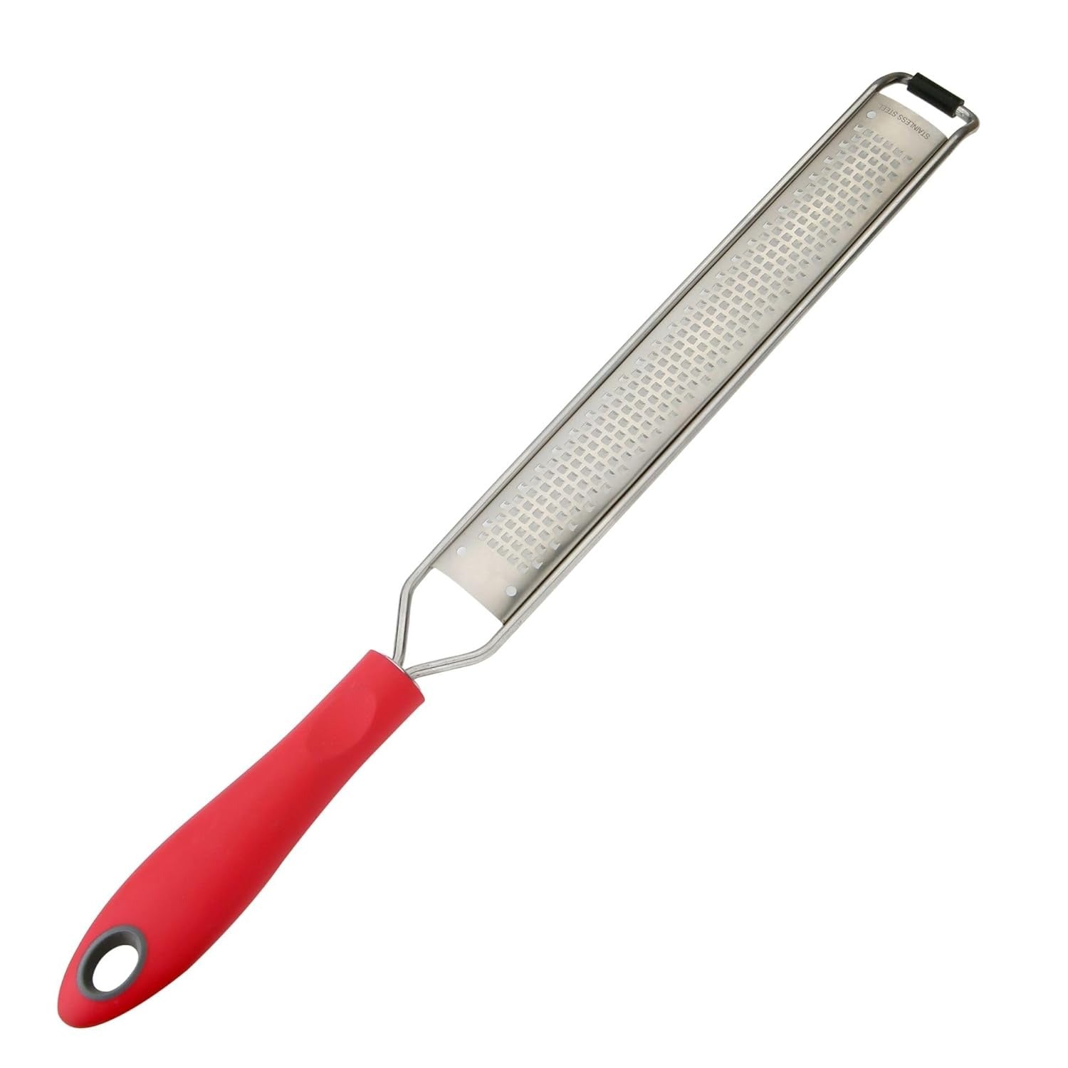 Stainless Steel Zester & Grater, 30cm – Non-Slip Red Handle Citrus Zester for Lemon, Cheese, Garlic & Ginger