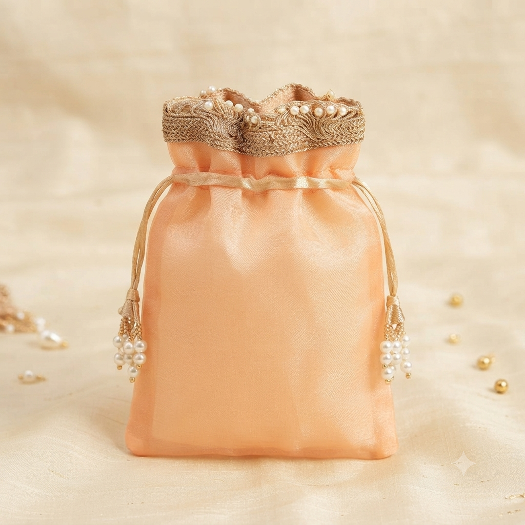 Premium Organza Drawstring Gift Potli Bag with Lace Border