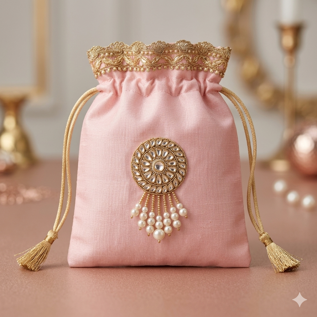 Premium Brooch Potli Gift Bag with Pearl Tassel