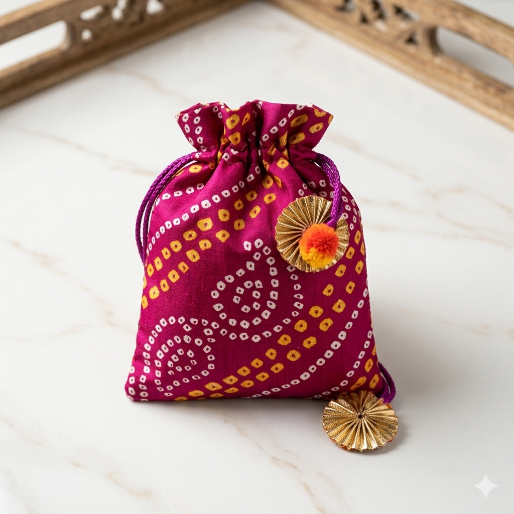 Traditional Bandhani Print Drawstring Potli Gift Bag (12 pcs)