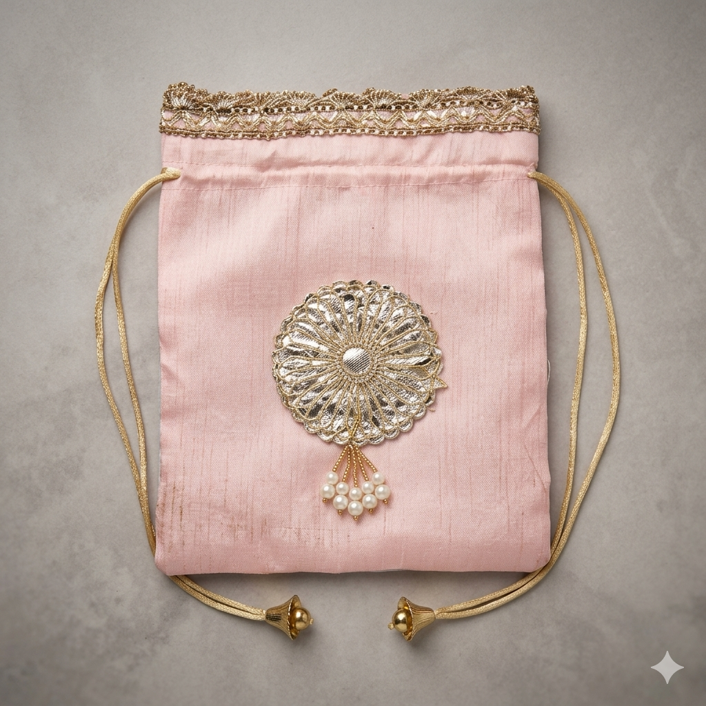 Premium Brooch Potli Gift Bag with Pearl Tassel
