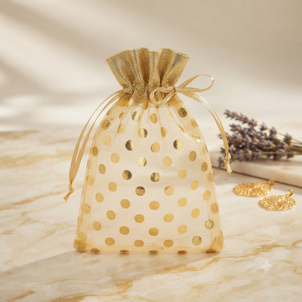 Premium Gold Polka Dot Organza Potli Gift Bag