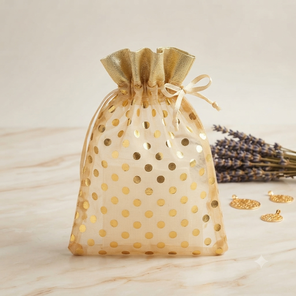 Premium Gold Polka Dot Organza Potli Gift Bag