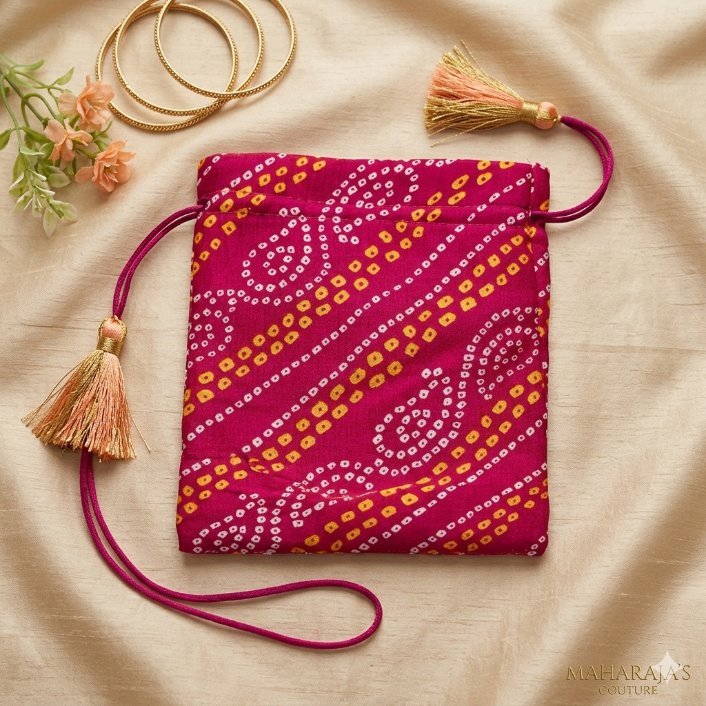 Traditional Bandhani Print Drawstring Potli Gift Bag (12 pcs)