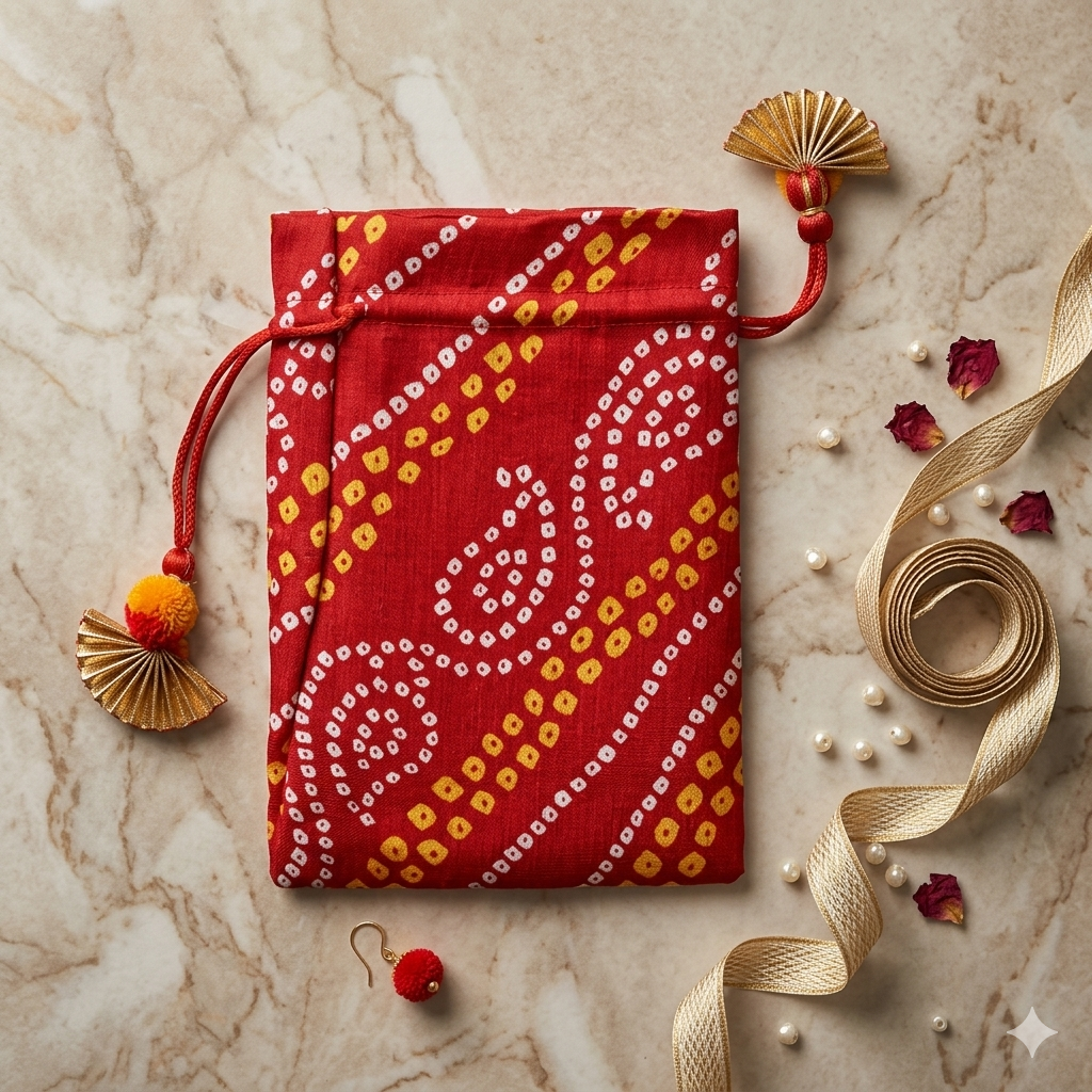 Traditional Bandhani Print Drawstring Potli Gift Bag (12 pcs)