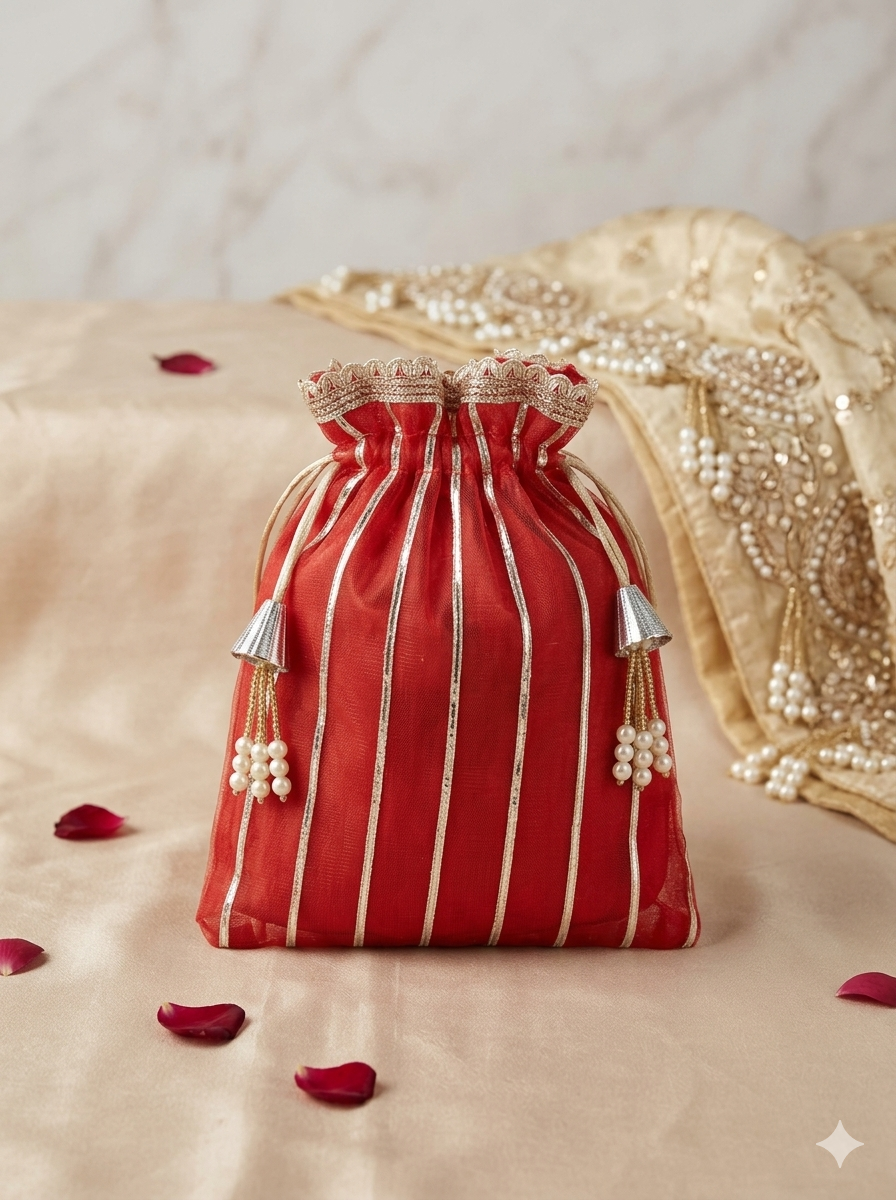 Premium Organza Leheriya Potli Bag with Pearl Tassel