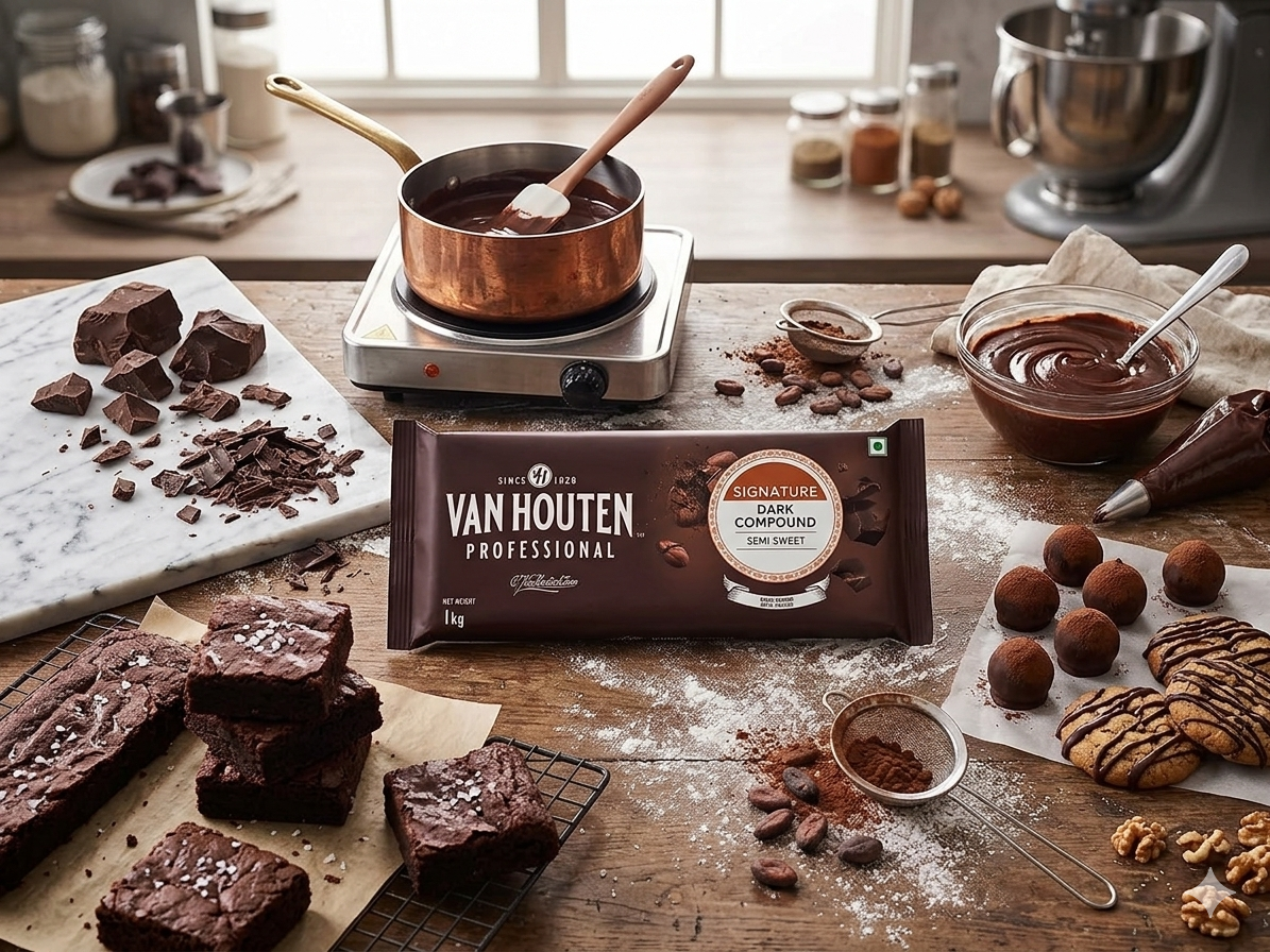 Van Houten Semi Sweet Dark Compound Chocolate Slab 1kg | Premium Chocolate Compound for Baking & Desserts