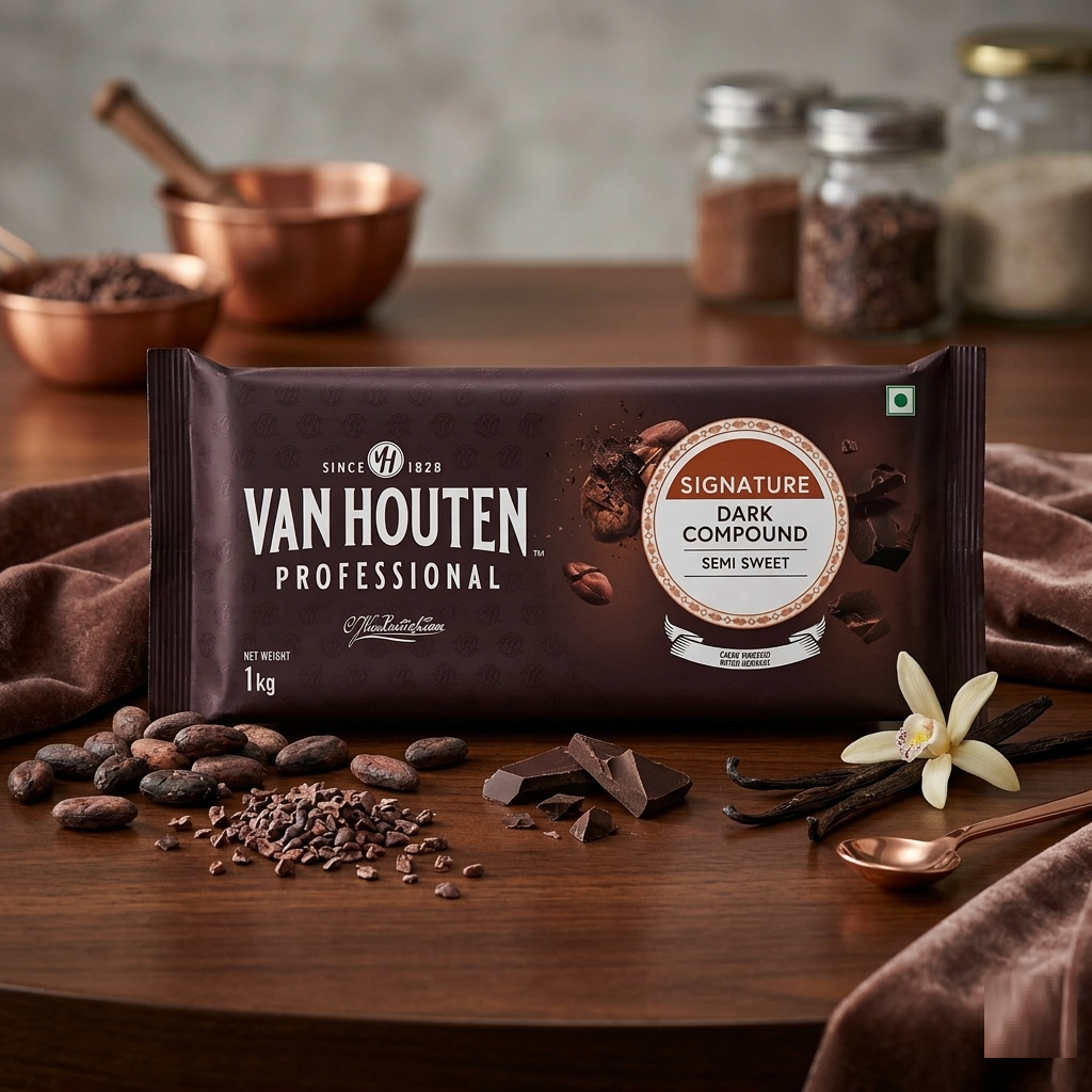 Van Houten Semi Sweet Dark Compound Chocolate Slab 1kg | Premium Chocolate Compound for Baking & Desserts
