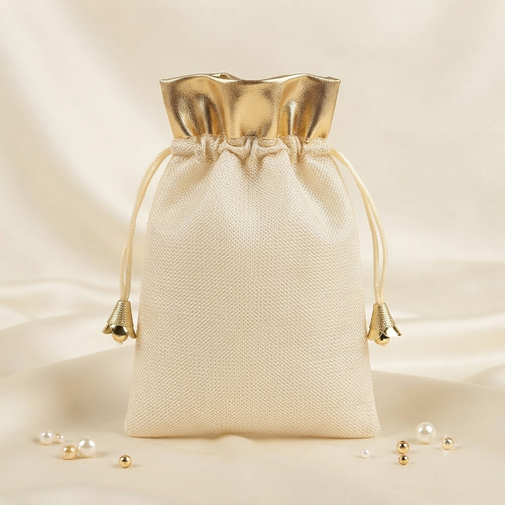 Premium White Jute Potli Gift Bag with Gold Gota Border